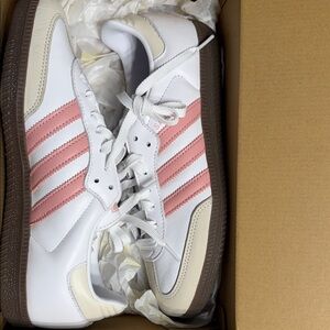 adidas Women's White Sneakers with Pink Stripes and Brown Sole
